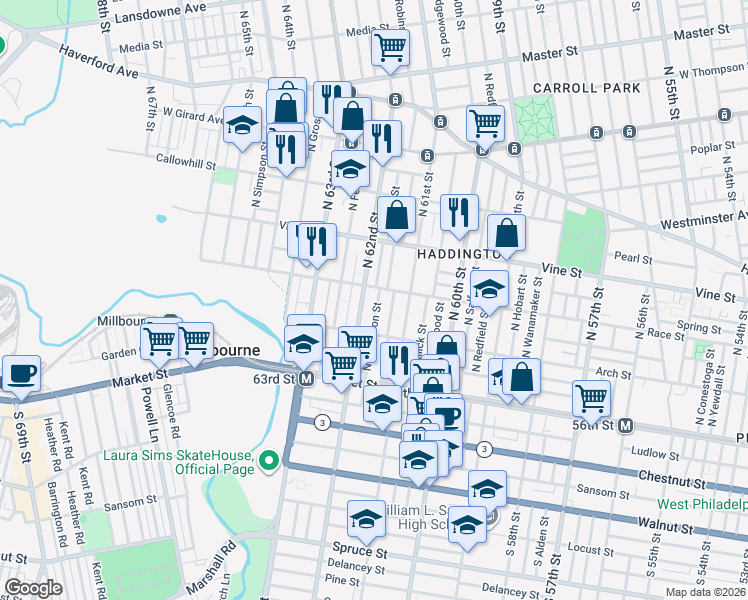 map of restaurants, bars, coffee shops, grocery stores, and more near 122 North Dewey Street in Philadelphia