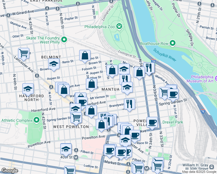 map of restaurants, bars, coffee shops, grocery stores, and more near 3726 Melon Street in Philadelphia