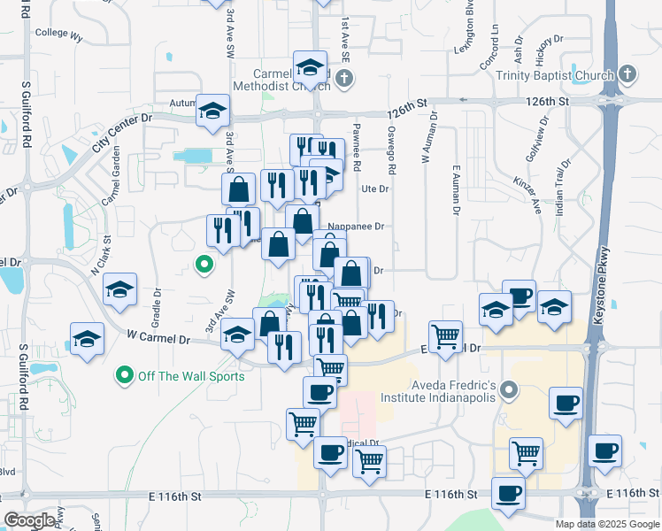 map of restaurants, bars, coffee shops, grocery stores, and more near 1063 South Rangeline Road in Carmel