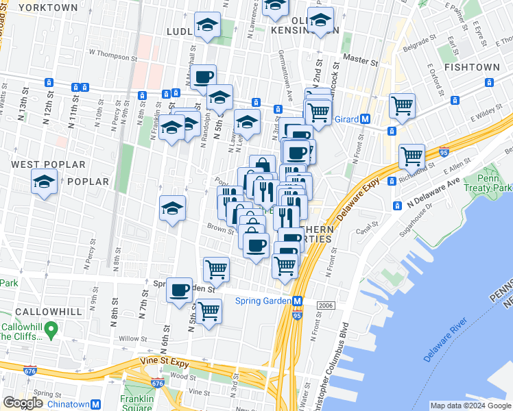 map of restaurants, bars, coffee shops, grocery stores, and more near 310 Poplar Street in Philadelphia