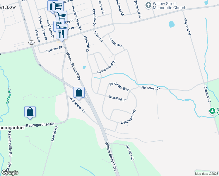 map of restaurants, bars, coffee shops, grocery stores, and more near 14 Wyndmere Way in Willow Street