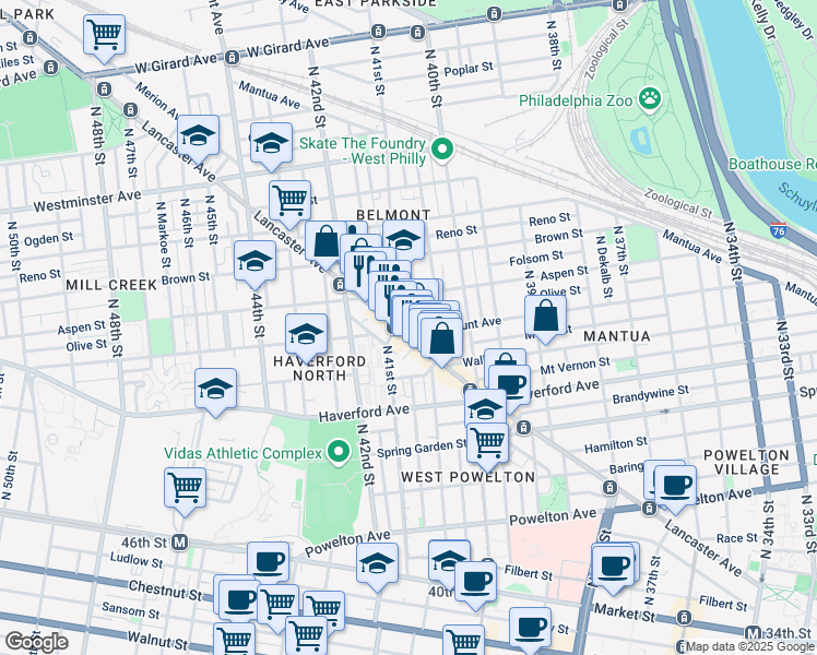 map of restaurants, bars, coffee shops, grocery stores, and more near 4085 Warren Street in Philadelphia