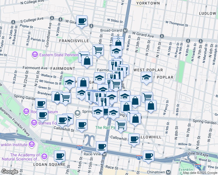 map of restaurants, bars, coffee shops, grocery stores, and more near 640 North Broad Street in Philadelphia
