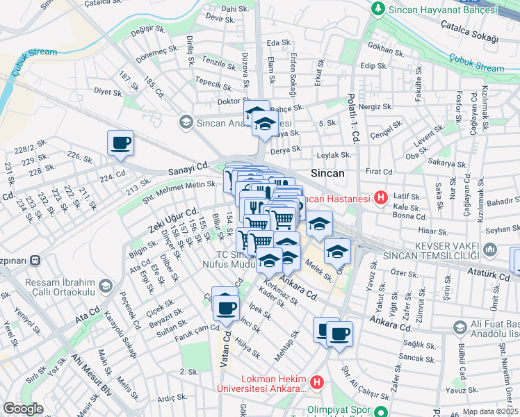 map of restaurants, bars, coffee shops, grocery stores, and more near 6 Atatürk Caddesi in Sincan