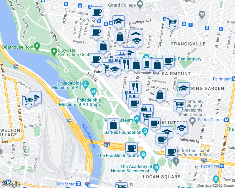 map of restaurants, bars, coffee shops, grocery stores, and more near 558 North Judson Street in Philadelphia
