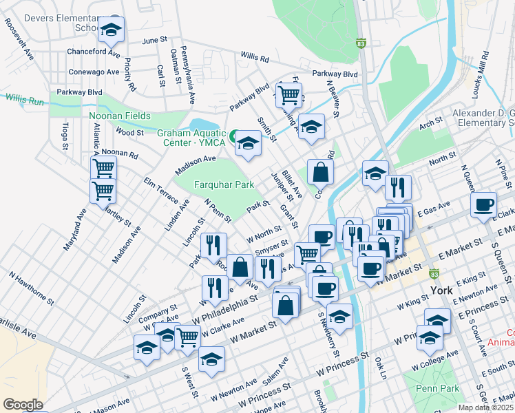 map of restaurants, bars, coffee shops, grocery stores, and more near 341 Garfield Street in York