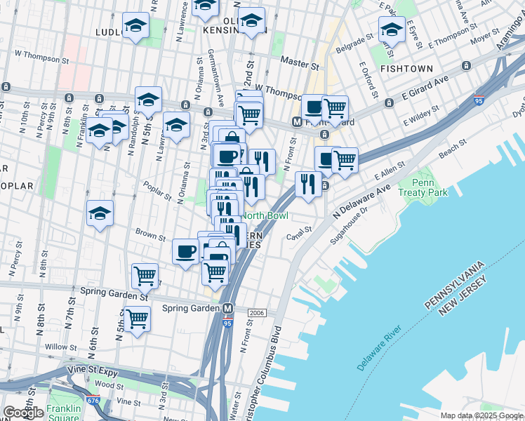 map of restaurants, bars, coffee shops, grocery stores, and more near 117 West Laurel Street in Philadelphia