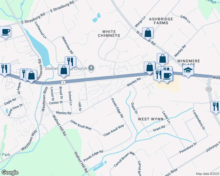 map of restaurants, bars, coffee shops, grocery stores, and more near 513 Summit House in West Chester