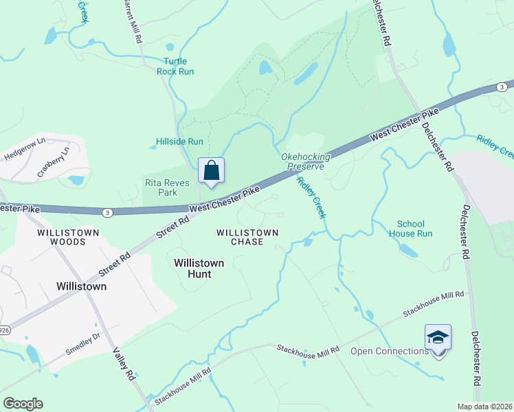 map of restaurants, bars, coffee shops, grocery stores, and more near 2101 Woodside Lane in Newtown Square