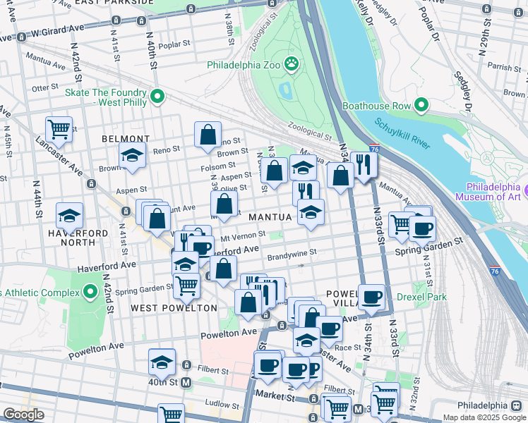 map of restaurants, bars, coffee shops, grocery stores, and more near 3728 Melon Street in Philadelphia