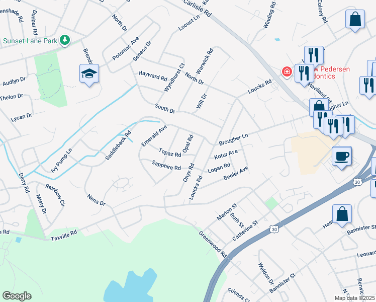 map of restaurants, bars, coffee shops, grocery stores, and more near 2418 Opal Road in York