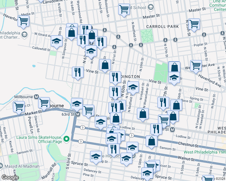 map of restaurants, bars, coffee shops, grocery stores, and more near 162 North Millick Street in Philadelphia