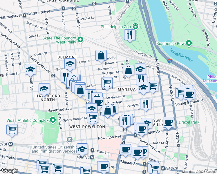 map of restaurants, bars, coffee shops, grocery stores, and more near 3869 Melon Street in Philadelphia