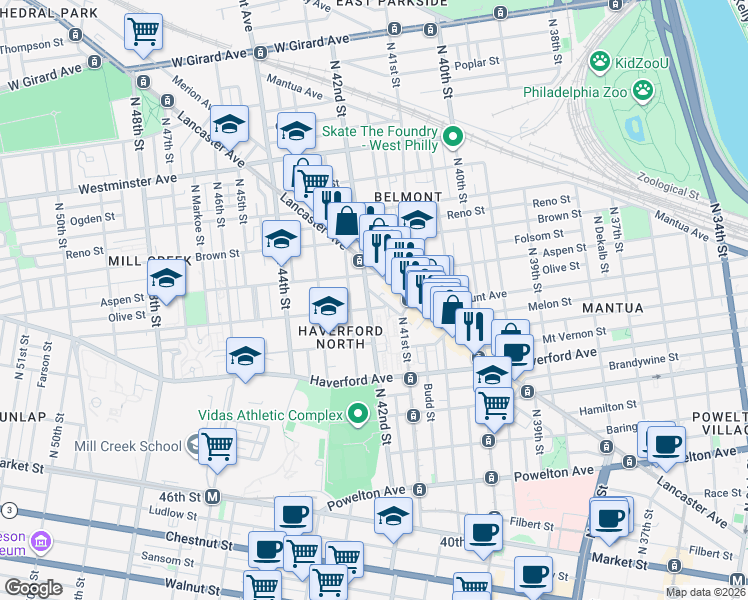 map of restaurants, bars, coffee shops, grocery stores, and more near 673 North 42nd Street in Philadelphia