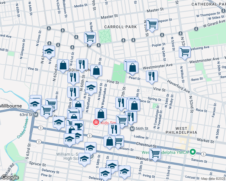 map of restaurants, bars, coffee shops, grocery stores, and more near 222 North Cecil Street in Philadelphia