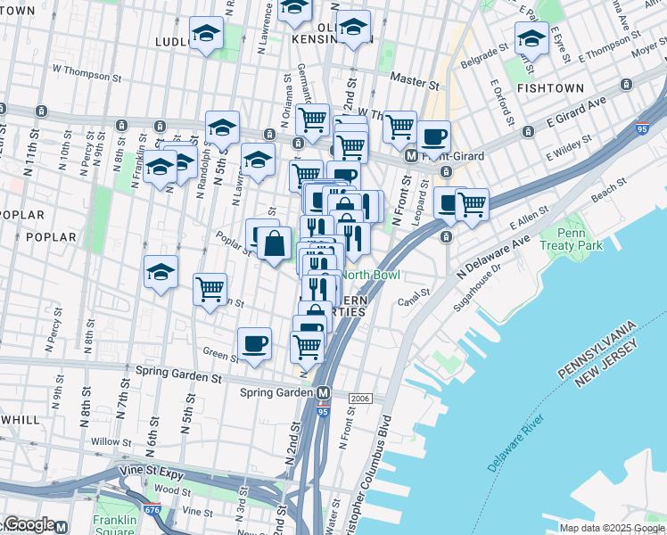 map of restaurants, bars, coffee shops, grocery stores, and more near 929 North Hancock Street in Philadelphia