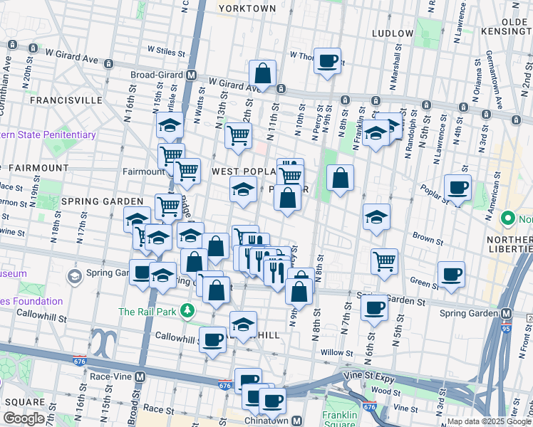 map of restaurants, bars, coffee shops, grocery stores, and more near 1027 Melon Street in Philadelphia