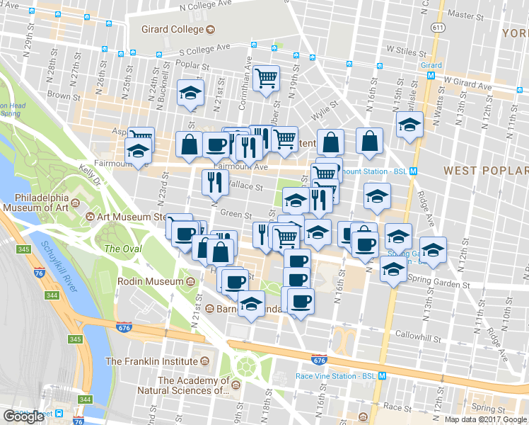 map of restaurants, bars, coffee shops, grocery stores, and more near in Philadelphia