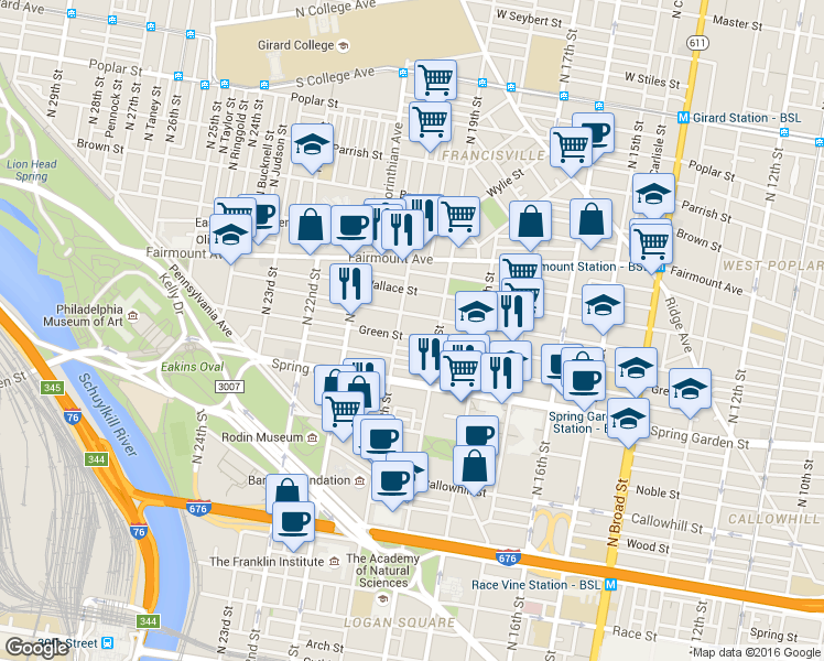 map of restaurants, bars, coffee shops, grocery stores, and more near in Philadelphia