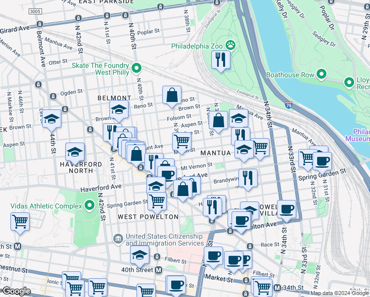 map of restaurants, bars, coffee shops, grocery stores, and more near 641 North 39th Street in Philadelphia