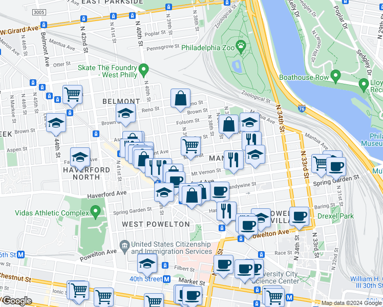 map of restaurants, bars, coffee shops, grocery stores, and more near 641 North 39th Street in Philadelphia