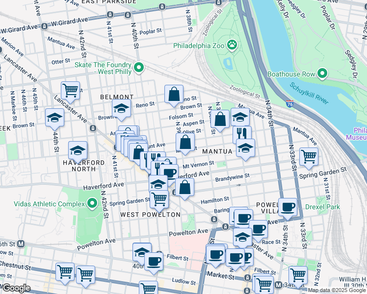 map of restaurants, bars, coffee shops, grocery stores, and more near 641 North 39th Street in Philadelphia