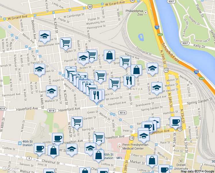 map of restaurants, bars, coffee shops, grocery stores, and more near 3921 Wallace Street in Philadelphia