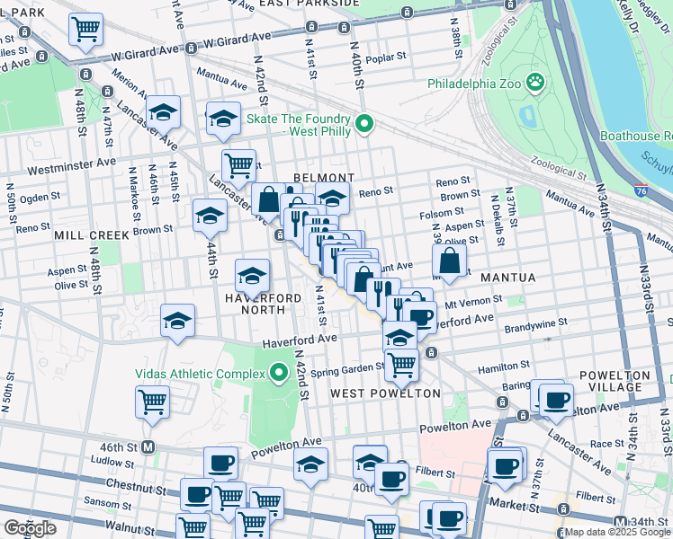 map of restaurants, bars, coffee shops, grocery stores, and more near 4085 Warren Street in Philadelphia