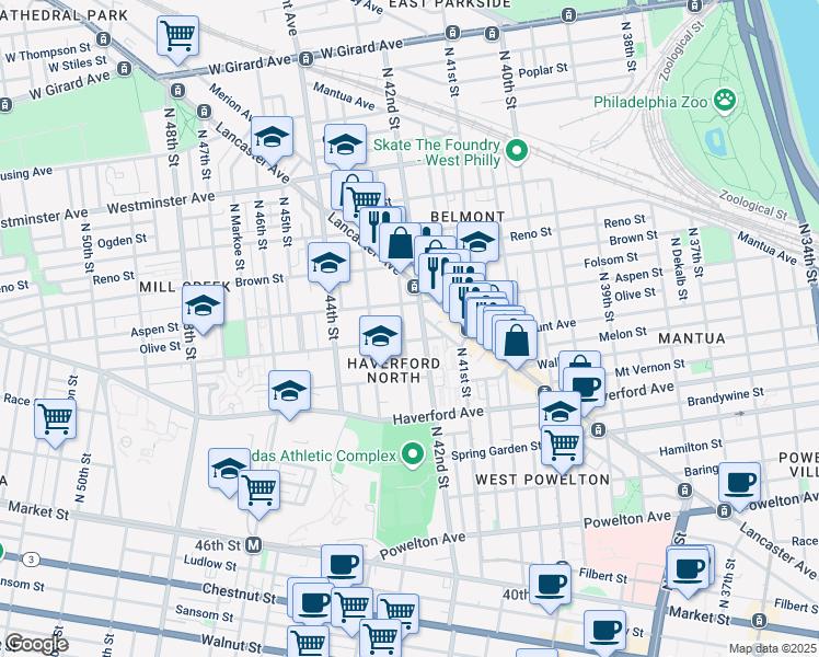 map of restaurants, bars, coffee shops, grocery stores, and more near 4232 Fairmount Avenue in Philadelphia