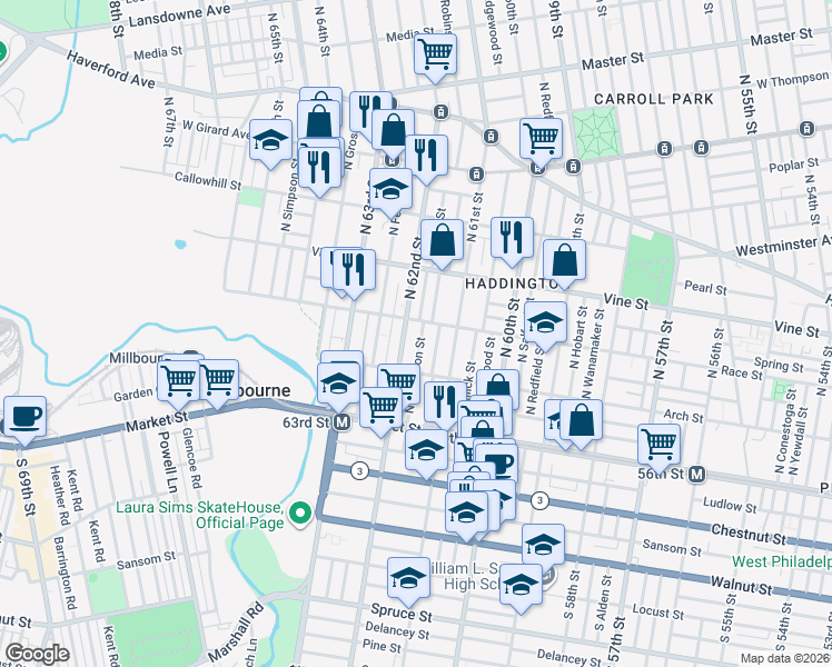 map of restaurants, bars, coffee shops, grocery stores, and more near 122 North Dewey Street in Philadelphia