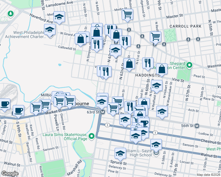 map of restaurants, bars, coffee shops, grocery stores, and more near 107 North 63rd Street in Philadelphia