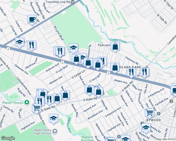 map of restaurants, bars, coffee shops, grocery stores, and more near 32 South Madison Avenue in Delaware County