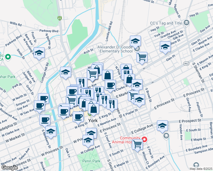 map of restaurants, bars, coffee shops, grocery stores, and more near 142 East Philadelphia Street in York