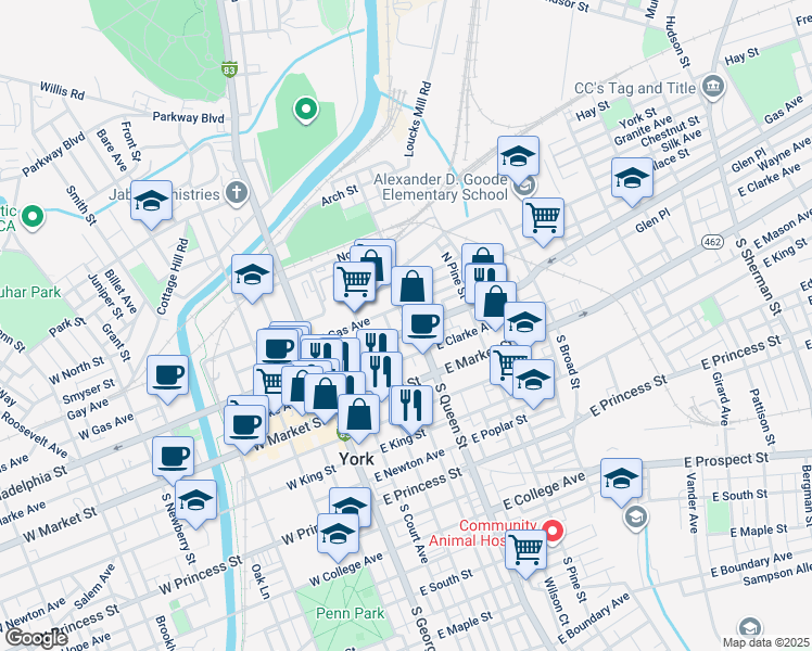 map of restaurants, bars, coffee shops, grocery stores, and more near 142 East Philadelphia Street in York