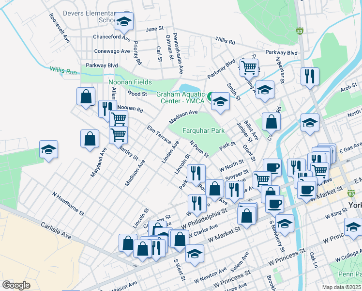 map of restaurants, bars, coffee shops, grocery stores, and more near 450 Linden Avenue in York