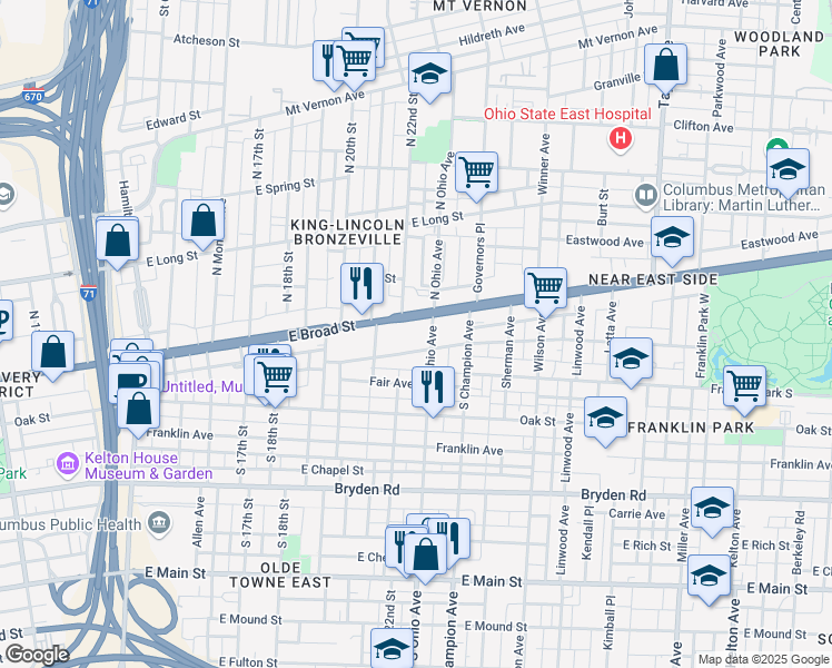 map of restaurants, bars, coffee shops, grocery stores, and more near 1111 East Broad Street in Columbus