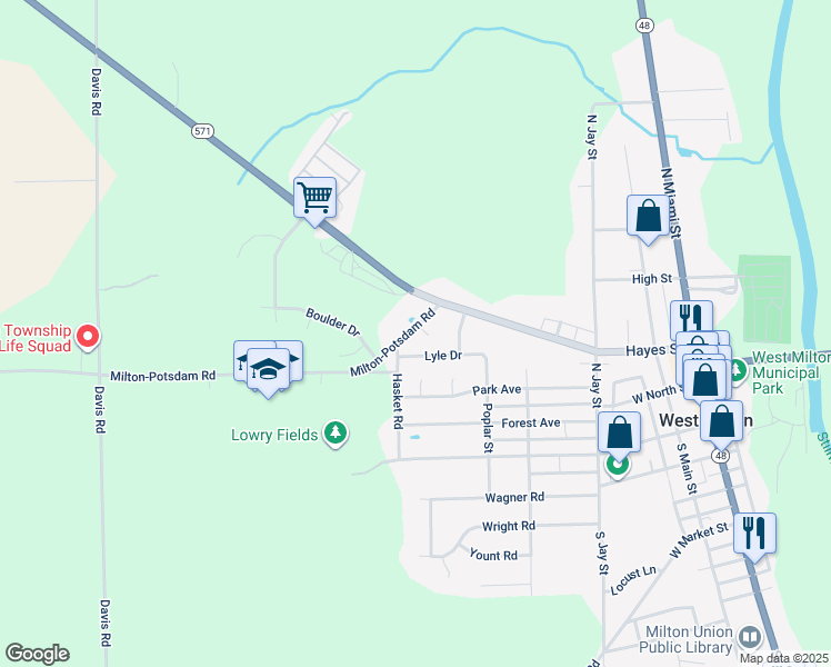 map of restaurants, bars, coffee shops, grocery stores, and more near 486 Lyle Drive in West Milton
