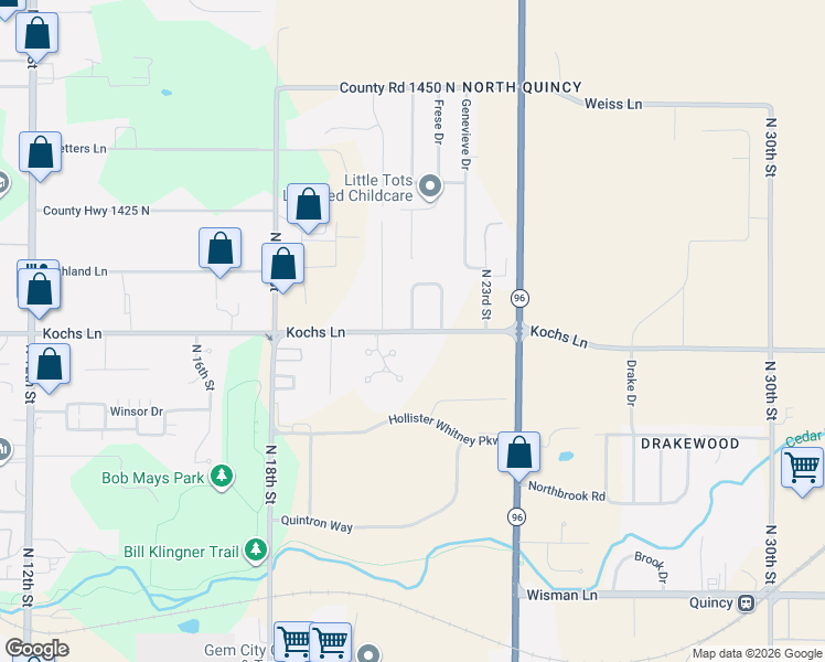 map of restaurants, bars, coffee shops, grocery stores, and more near 2300 West Oakbrook Court in Quincy