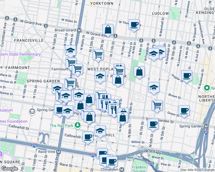 map of restaurants, bars, coffee shops, grocery stores, and more near 669 North 11th Street in Philadelphia