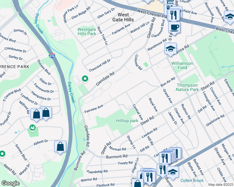 map of restaurants, bars, coffee shops, grocery stores, and more near 1321 Fairview Avenue in Havertown