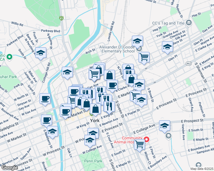 map of restaurants, bars, coffee shops, grocery stores, and more near 149 East Philadelphia Street in York