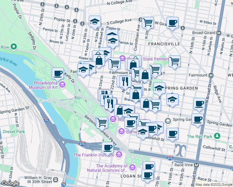 map of restaurants, bars, coffee shops, grocery stores, and more near 2126 Green Street in Philadelphia