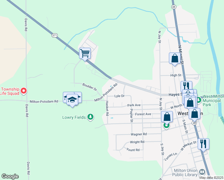 map of restaurants, bars, coffee shops, grocery stores, and more near 486 Lyle Drive in West Milton