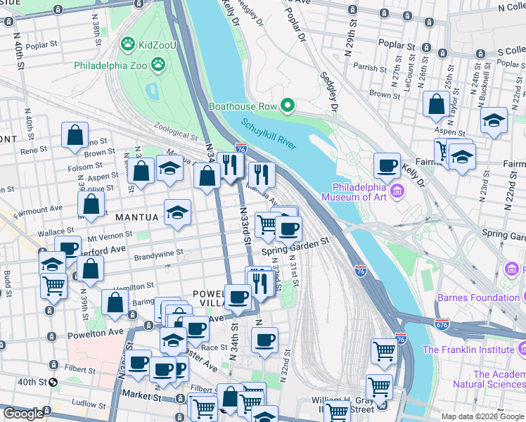 map of restaurants, bars, coffee shops, grocery stores, and more near 624 North 32nd Street in Philadelphia