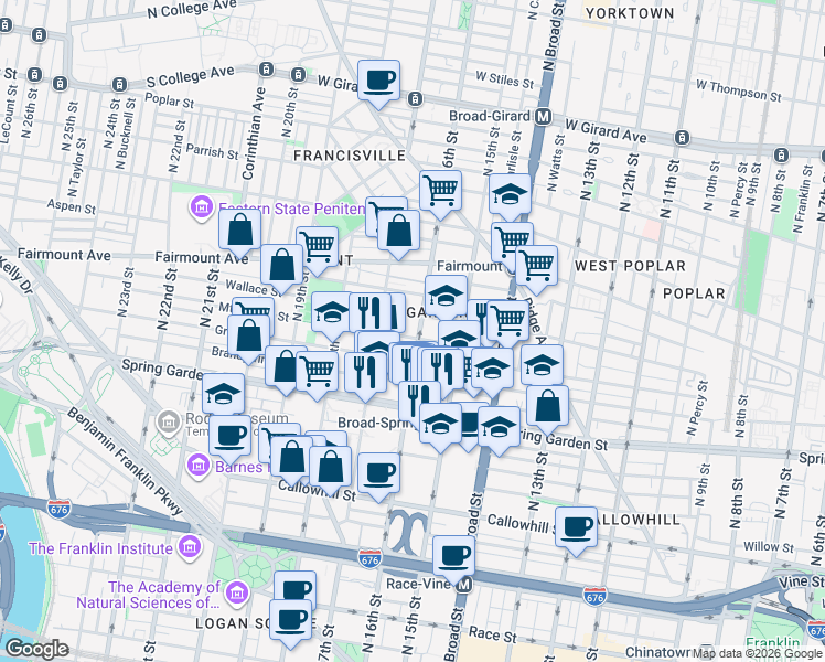 map of restaurants, bars, coffee shops, grocery stores, and more near 1619 Mount Vernon Street in Philadelphia