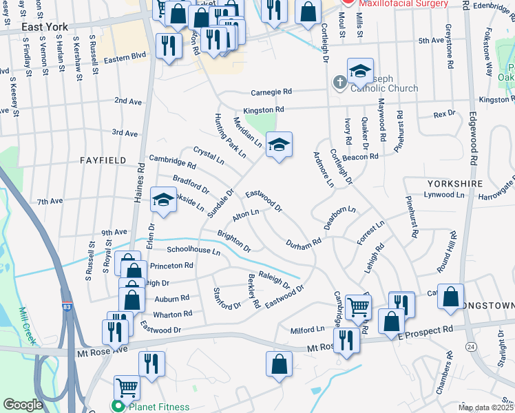 map of restaurants, bars, coffee shops, grocery stores, and more near 470 Alton Lane in East York