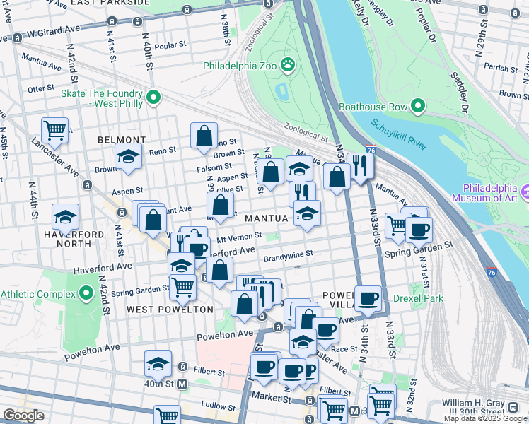 map of restaurants, bars, coffee shops, grocery stores, and more near 3720 Melon Street in Philadelphia