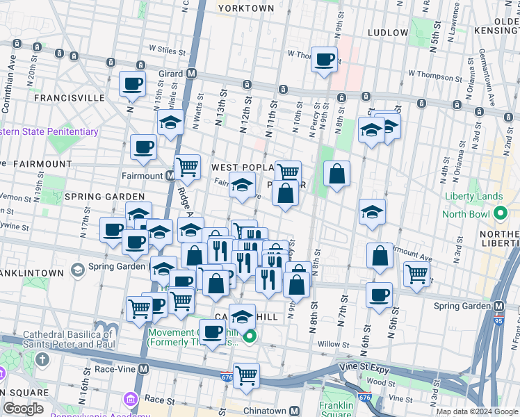 map of restaurants, bars, coffee shops, grocery stores, and more near 669 North 11th Street in Philadelphia