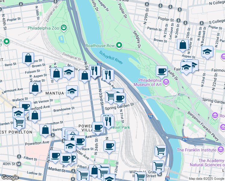 map of restaurants, bars, coffee shops, grocery stores, and more near 623 North 32nd Street in Philadelphia
