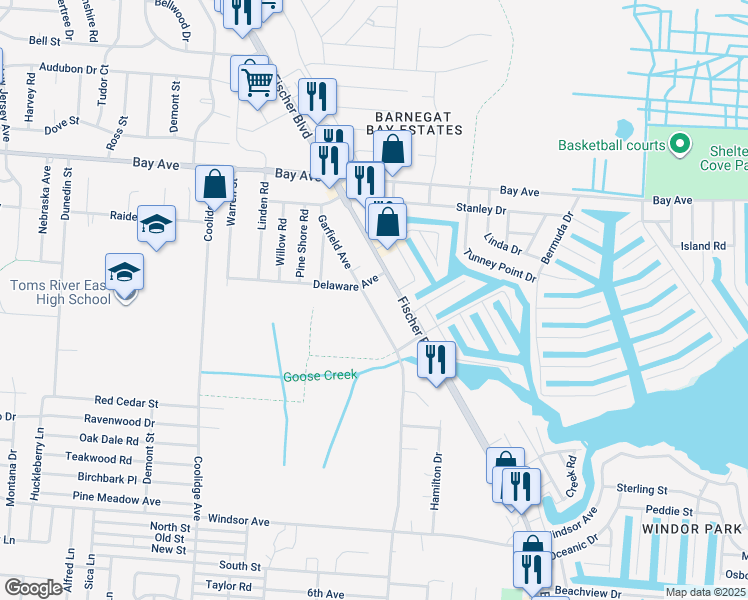 map of restaurants, bars, coffee shops, grocery stores, and more near 761 Garfield Avenue in Toms River